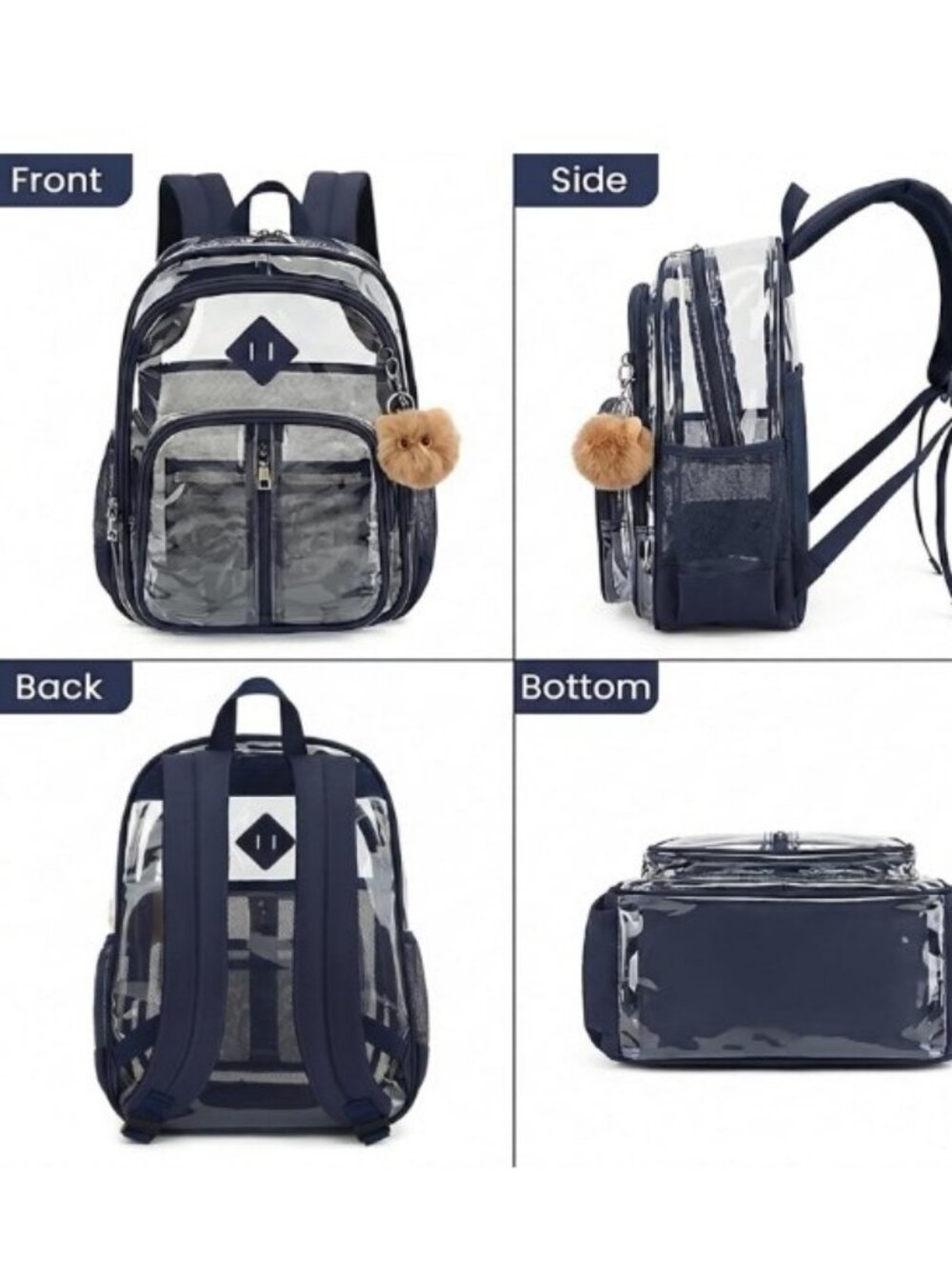 New: Clear Backpack with Navy Blue Trim - Fits 15" Laptop - Picture 10 of 10